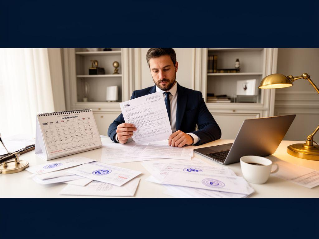 Professionista che esamina un accertamento fiscale con documenti e calendario delle scadenze