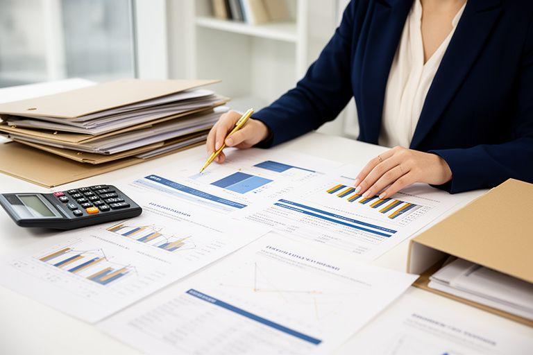 Professionista che analizza grafici di bilancio e documenti su pianificazione fiscale per PMI