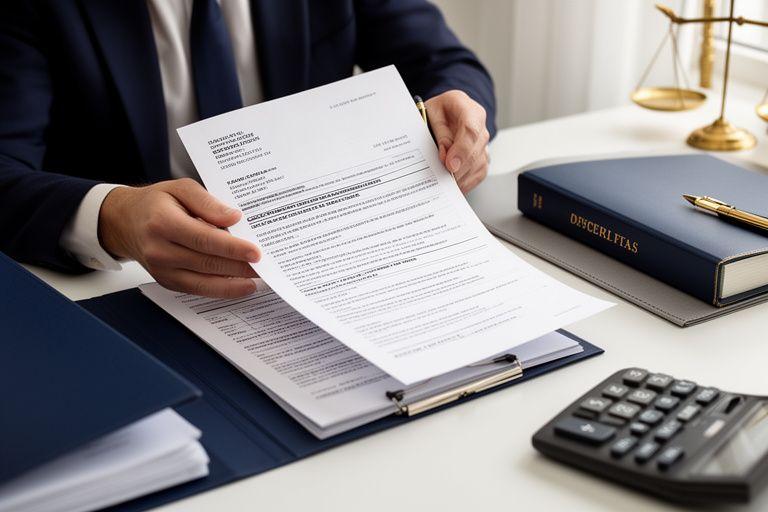 Consulente tributario che esamina una notifica di accertamento fiscale in un ufficio elegante
